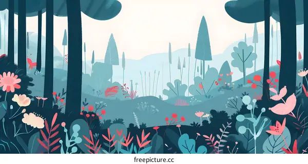 Abstract Forest Illustration With Pink And Blue Colors