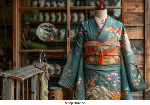 A kimono with a floral pattern and a phoenix pattern displayed in a traditional Japanese house