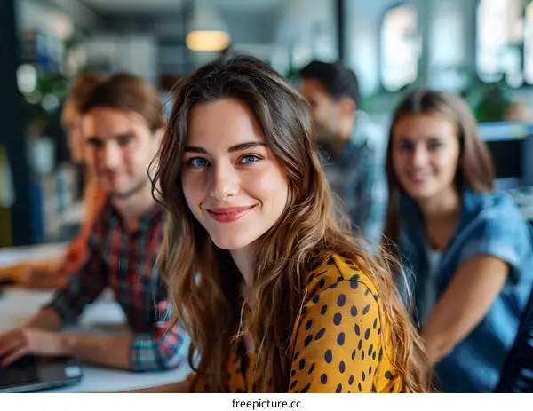 Young Woman Smiling at Camera in Modern Office