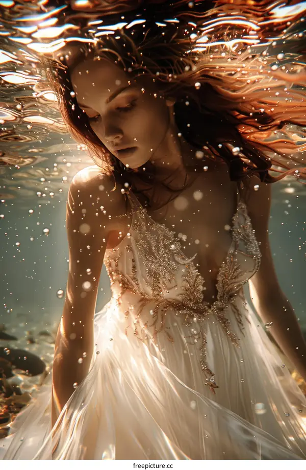 An ethereal underwater portrait of a woman in a white dress