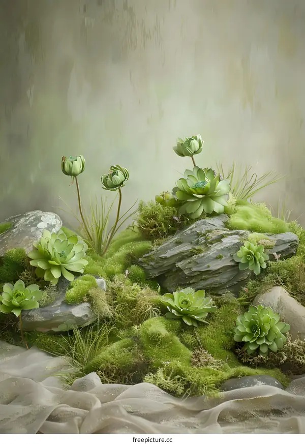 Green Succulents and Moss Arrangement on Stones