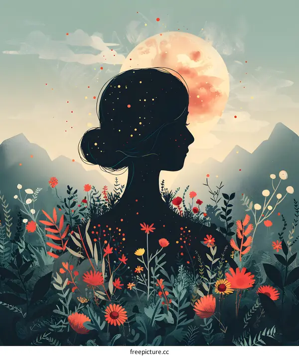 Woman Silhouette in a Field of Flowers with Moon in the Background