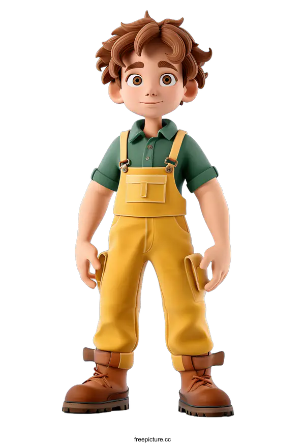 [Transparent Background PNG]Smiling Cartoon Boy in Work Clothes Standing