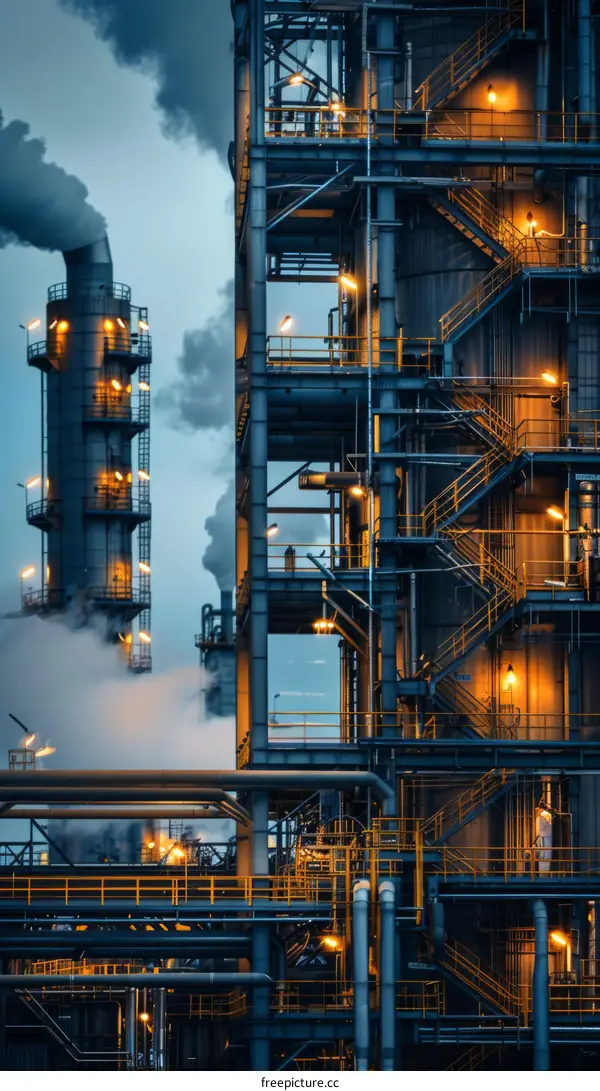 Oil Refinery at Night with Glowing Lights