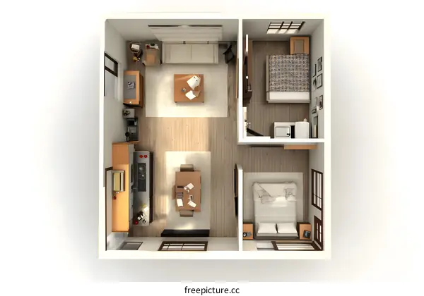 Top View of Modern Apartment Floor Plan with Two Bedrooms and a Kitchen