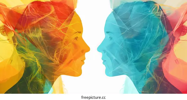 Two ethereal female figures face each other with colorful auras