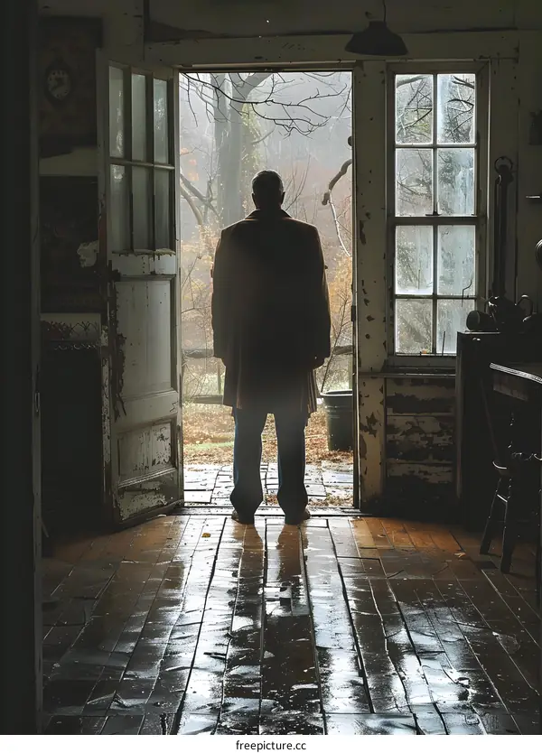 A man standing in a doorway looking out at the rain