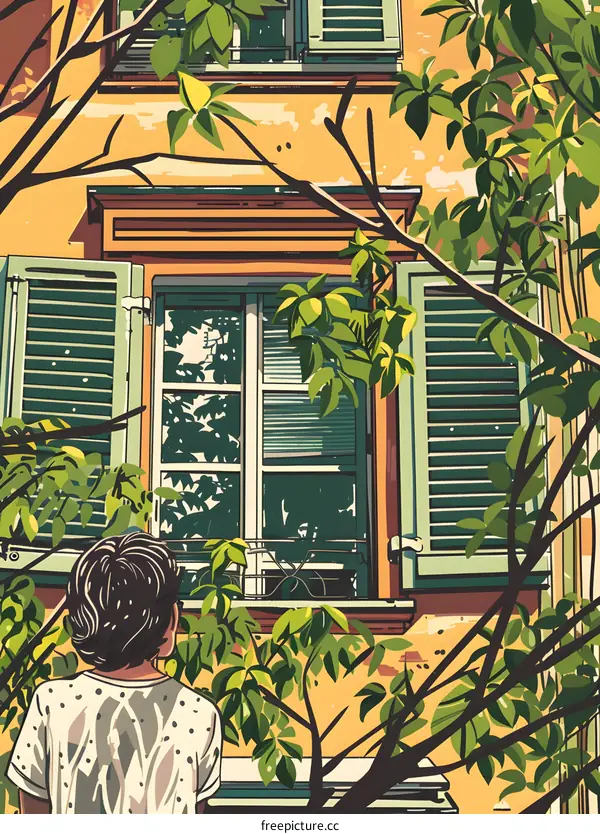 Woman Looking Out Window in Green Foliage