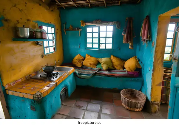 A colorful room with a kitchen and a seating area