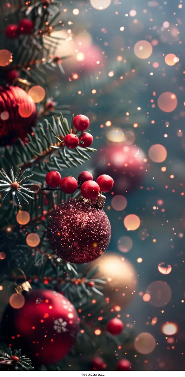 Christmas tree with red ornaments and blurred lights in the background