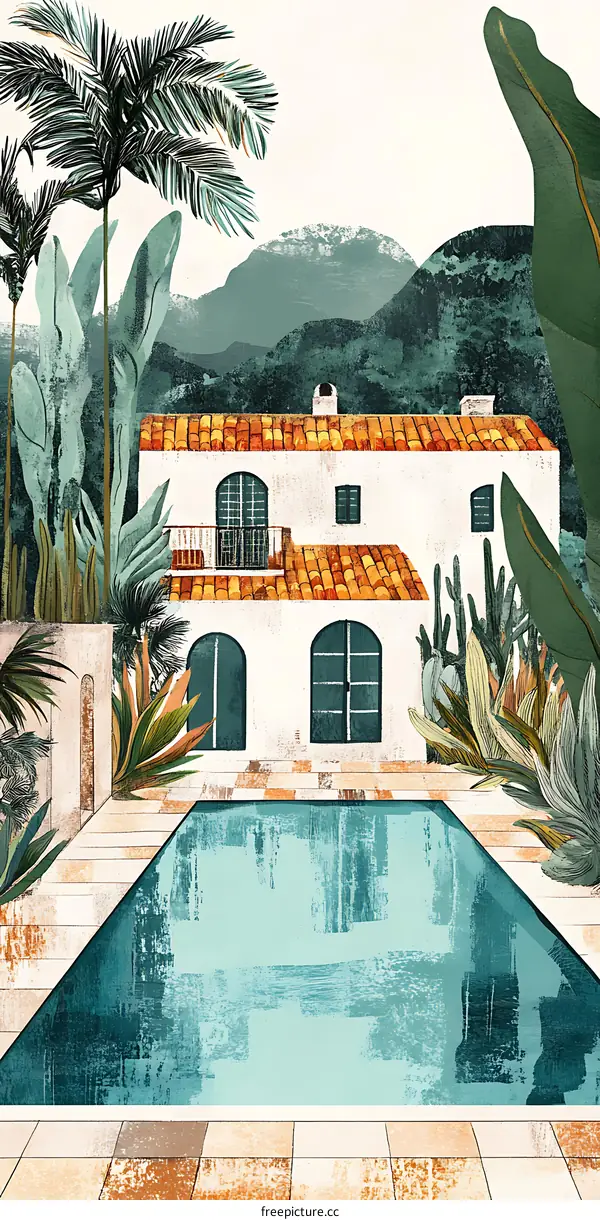 Mediterranean House with Pool and Palm Trees Illustration