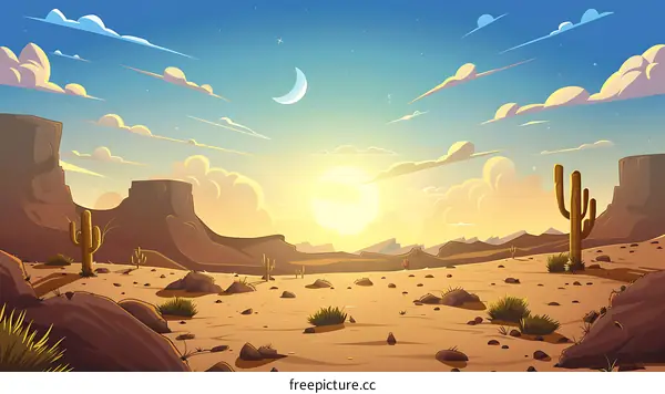 Desert Landscape Illustration With Cactus and Sunset