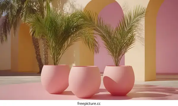 Pink Pots With Palm Trees In Front Of Arches