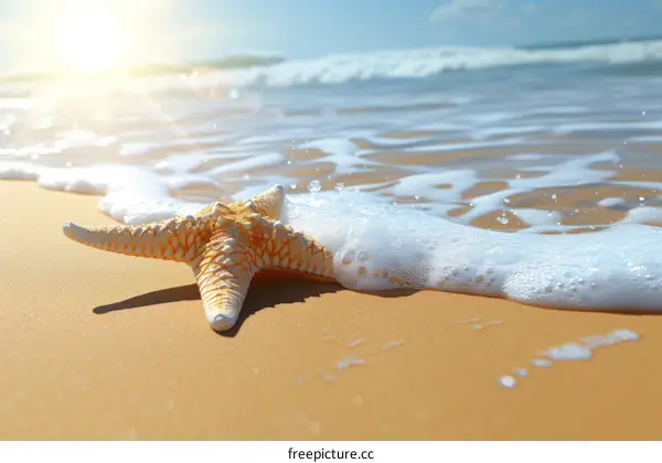 Orange Starfish on Sandy Beach with Blurred Ocean Waves in Background