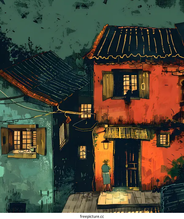 Nighttime View of an Old Village in China