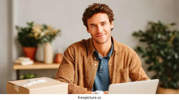 Caucasian Male Working From Home with Gift Box