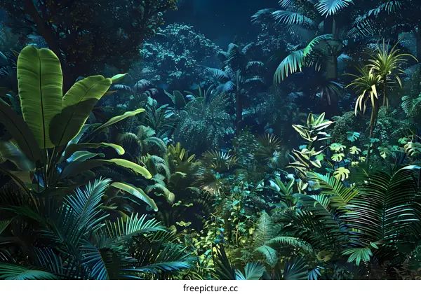 Tropical Rainforest Night Scene With Lush Greenery