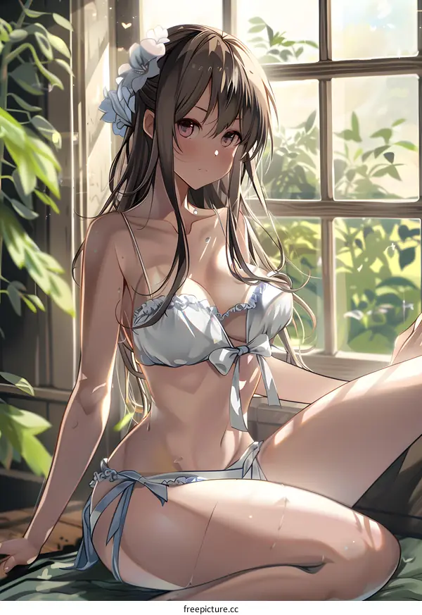 Anime Girl in Lingerie Posing by Window