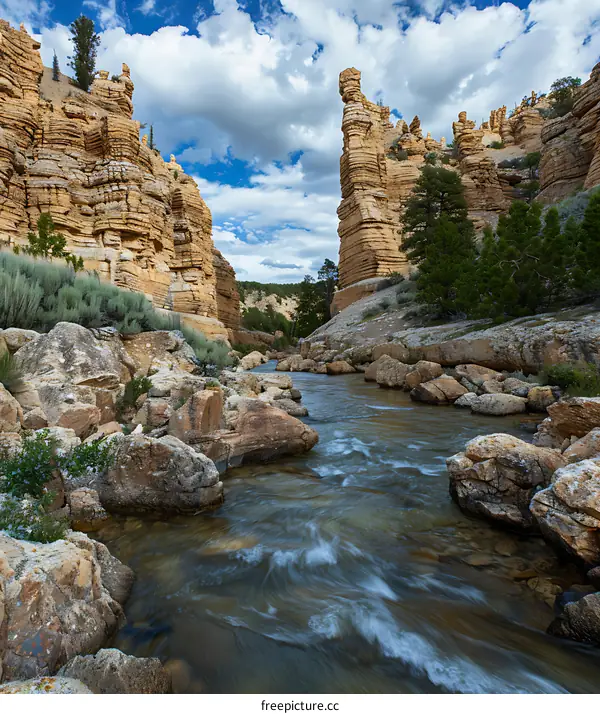 Flowing River Through Canyon With Tall Cliffs