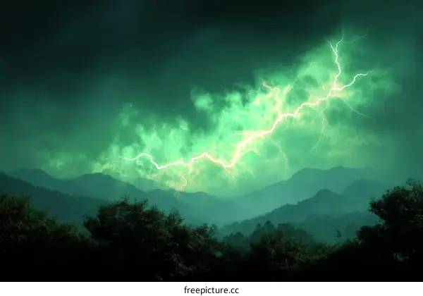 Epic Green Lightning Storm Over Mountains