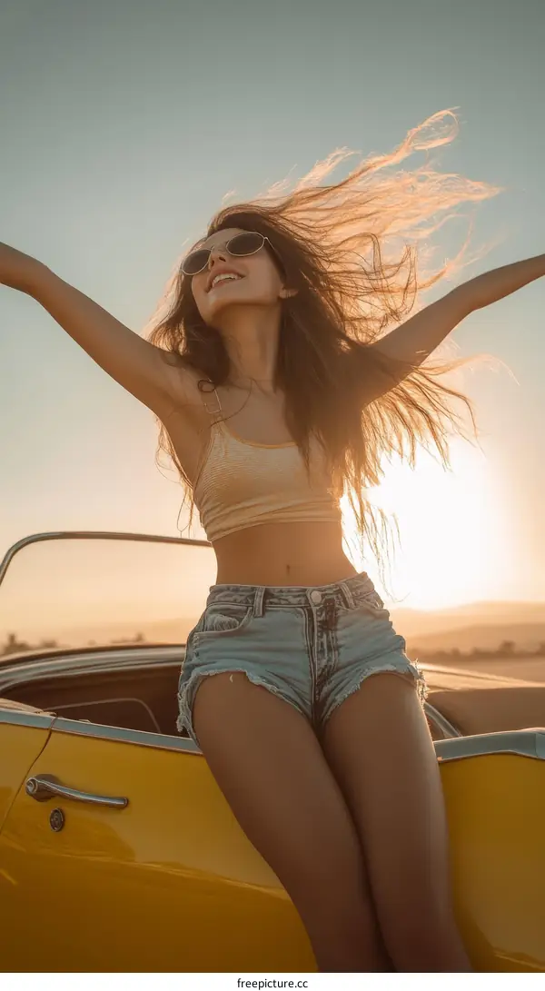 Woman with Open Arms by Classic Yellow Convertible