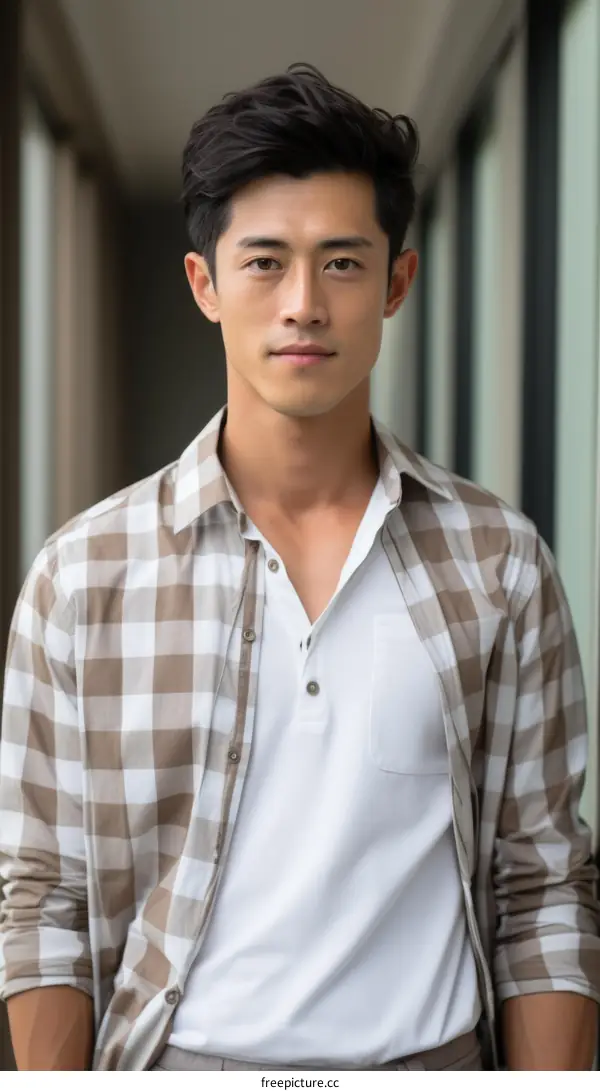 A young Asian man is posing in a casual outfit.