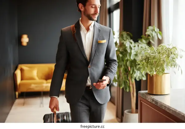 Businessman in Hotel Lobby with Suitcase