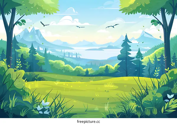 Green Forest Landscape With Mountain View