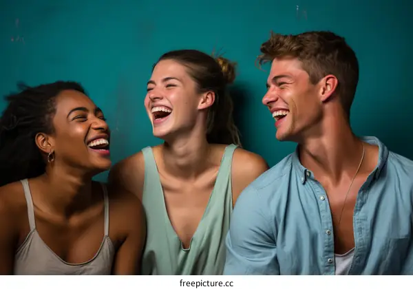 Three friends laughing together