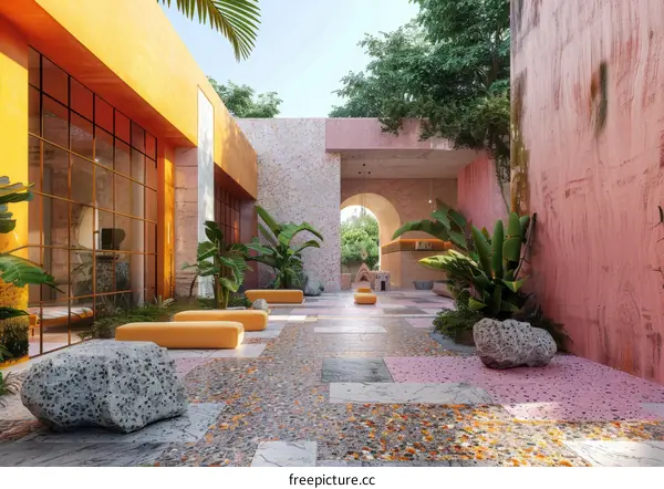 Courtyard with pink and orange walls and colorful floor tiles