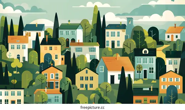 Colorful Illustration of a Small Town with Houses and Trees