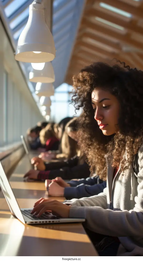 A young woman of color studies on her laptop in the library