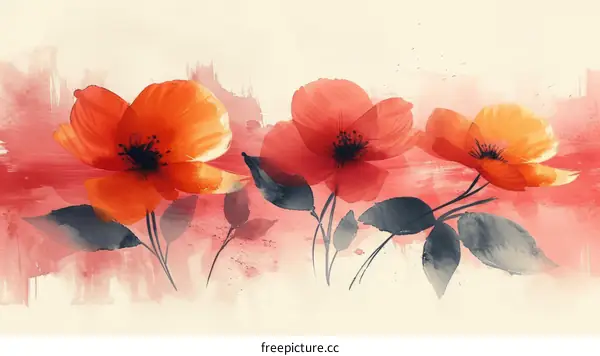 Three red poppies painted in a watercolor style