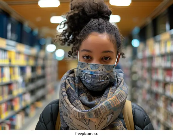 Young woman wearing a mask in a library