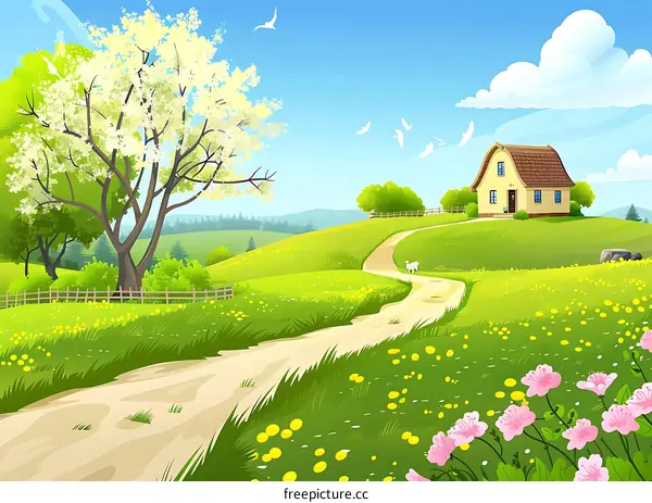Spring Landscape With A House On A Hill