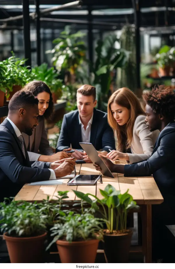 Multiethnic business team discussing project using digital tablet in greenhouse