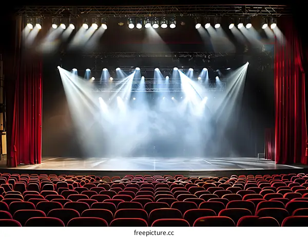 Empty Theater Stage With Red Curtains and Spotlight
