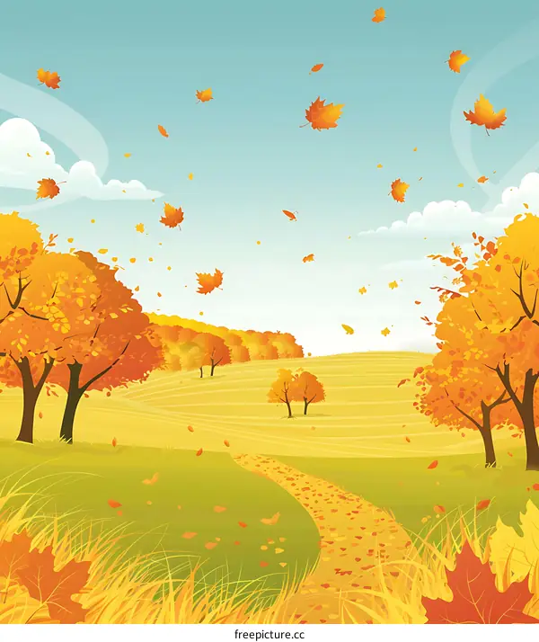 Autumn Landscape Illustration with Falling Leaves and Path