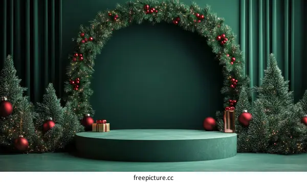 Christmas Display Podium with Wreath and Christmas Trees