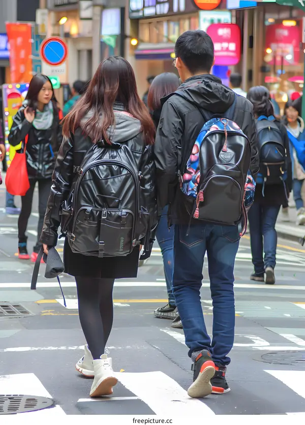 Couple Walking on Street with Backpacks in the City