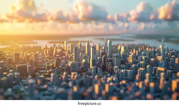 Aerial View of a Modern City Skyline at Sunrise