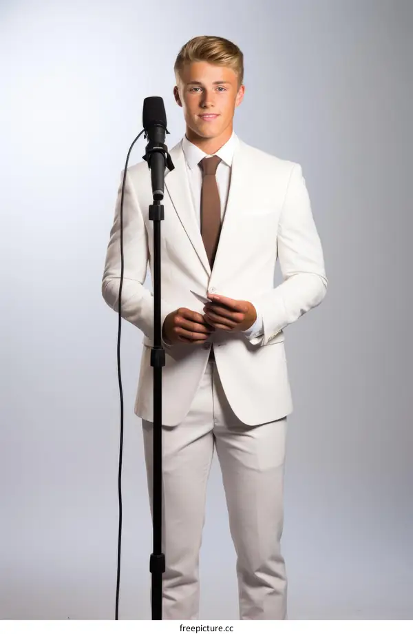Young caucasian man in white suit giving speech during conference