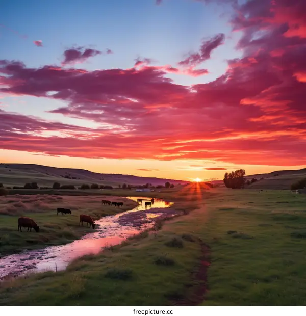 Cows grazing in a pasture at sunset