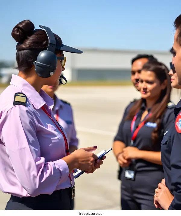 Female Pilot in Uniform Checking Flight Information on a Tablet