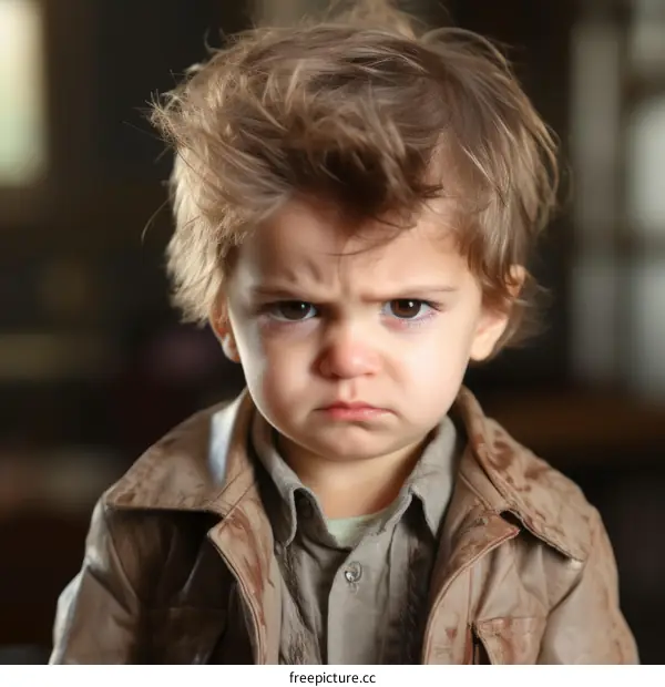 Portrait of a young boy with a very angry expression on his face