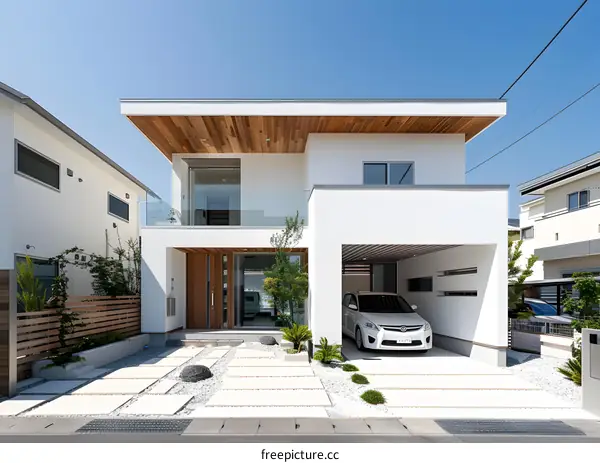 Modern White Two Story House With Wooden Accents And A Car In The Garage