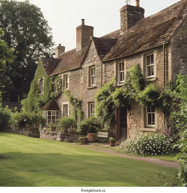A charming stone cottage nestled amidst a colorful garden