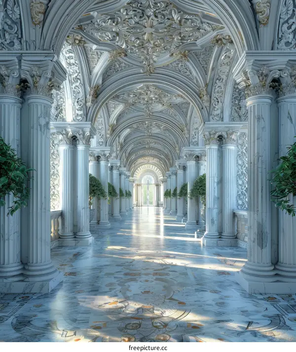 A view of a richly ornamented hall with marble columns and plants