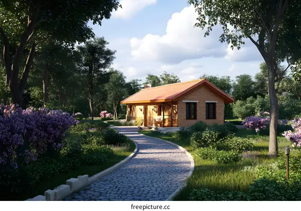 Brick House with Stone Path and Lush Greenery