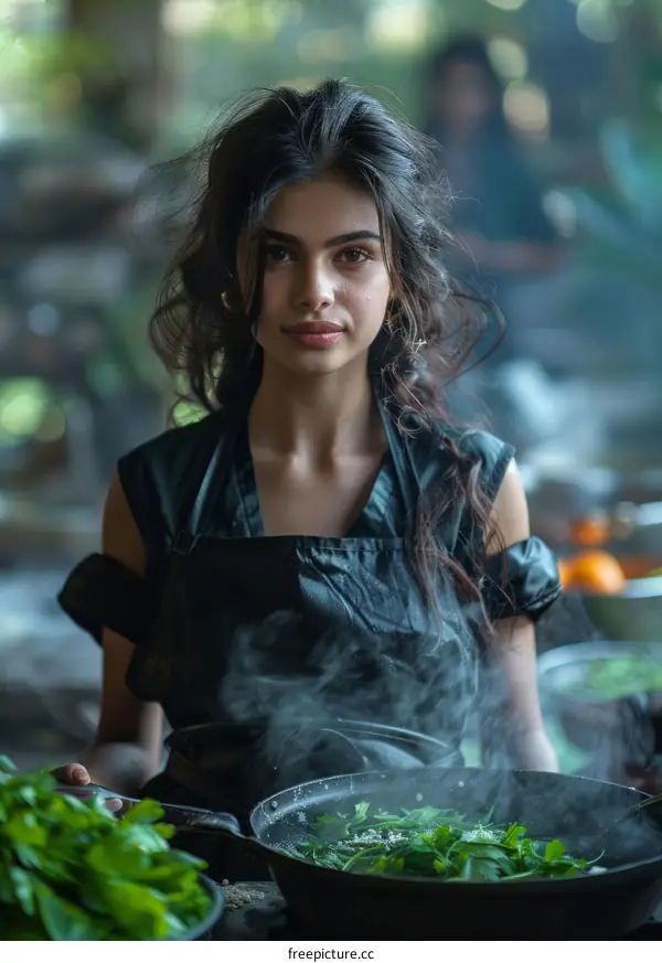 Portrait of a beautiful young woman cooking in a rustic kitchen